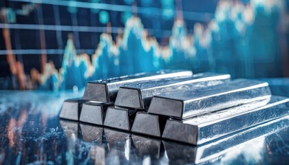 Precious metals forming a pyramid reflect on a sleek, modern trading surface. Bars of silver create a monument to wealth amidst the backdrop of market dynamics.