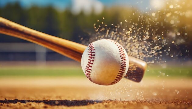 Baseball mid-air with bat in motion, creating a dynamic game moment. Speed and force in sports.