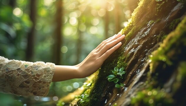 Human connection with nature depicted through a gentle touch on mossy bark. The communion of life textures, person's hand meets ancient tree in dappled light.