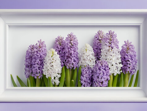 Create high quality images of Hyacinth flowers arranged in a flatlay with vibrant backgrounds white empty framed.