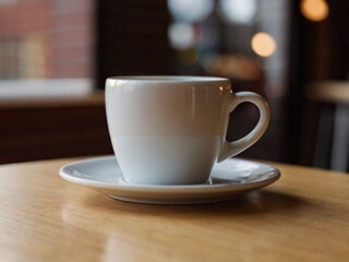 A cup of hot fragrant coffee is on the table. An invigorating coffee drink in a ceramic mug with a pattern.