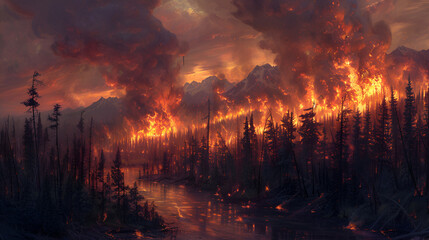 Blazing forest fire at twilight, Burning grass of the field at night. Generative Ai 
