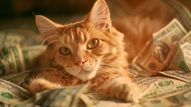 Orange tabby cat lying on a pile of dollar bills. Wealth and financial concept for design and print