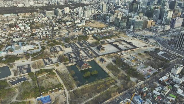 Drone View of Seoul city in South Korea, Jongno, Gyeongbokgung Palace, Winter