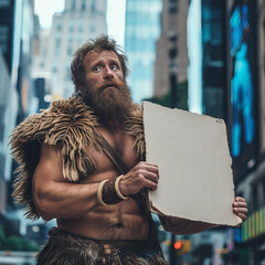 Prehistoric Cave Man in Modern Big City Among Skyscrapers Holding a Blank Sign