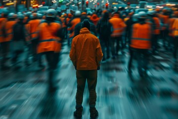 A poignant scene of a lone worker standing still amid a blur of moving protesters during an International Labour Day event.