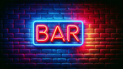 Fototapeta na wymiar Neon Bar Sign Glowing Red and Blue on Brick Wall