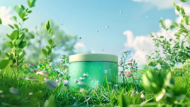 Skincare product bottle with green cap on natural background with daisies and dew. Cosmetic branding mockup