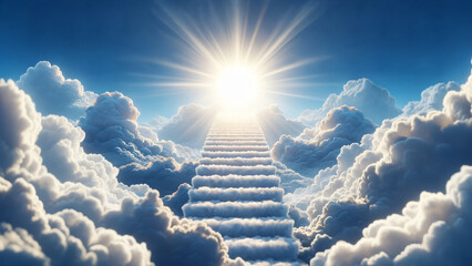 Heavenly Stairway to Bright Sun Amidst Fluffy Clouds - obrazy, fototapety, plakaty