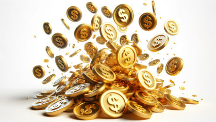 Gold Coins with Dollar Signs Falling on White Background