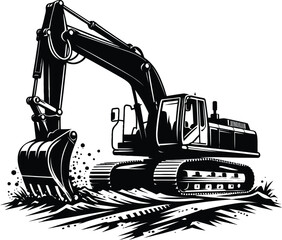Excavator Vector Logo Template With Trackhoe silhouette On White Background And excavator machine