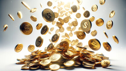Bright Golden Currency Coins Tumbling Mid-Air Finance Concept - obrazy, fototapety, plakaty