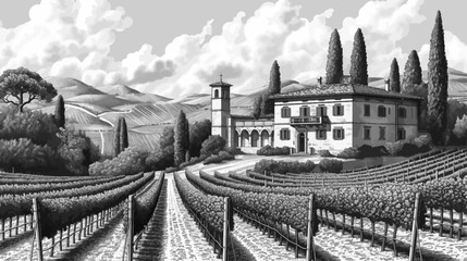 Obraz premium Tuscan villa surrounded by lush vineyards, with cypress trees under a dynamic sky sketch engraving generative ai vector illustration. Scratch board imitation. Black and white image.