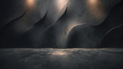 Black stone dark background for product advertising. Wall with marble for product display, minimalism style. Warm light.