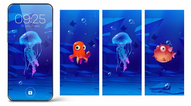 Smartphone Lock Screens With Underwater Animals Cartoon Onboard Pages Mobile Phone Digital Wallpaper