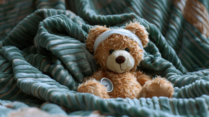 A teddy bear with a thermometer is nestled in a green and white checkered blanket.