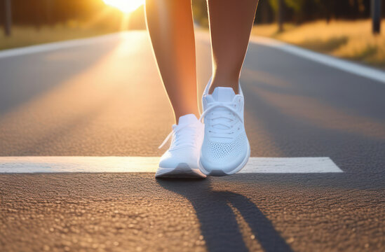 Female legs in white sneakers run along an asphalt path in the setting sun, bottom view