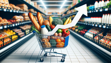 Inflation Rate in Food Industry with Upward Arrow Cart - obrazy, fototapety, plakaty