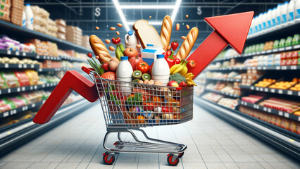 Shopping Cart and Upward Arrow Illustrating Food Inflation - obrazy, fototapety, plakaty