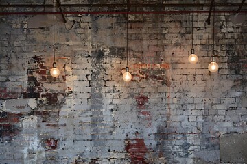 a brick wall with light bulbs from the ceiling