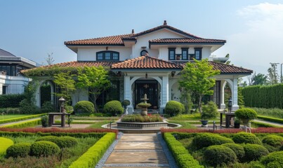 Fototapeta na wymiar European villa with garden landscape as the focal point