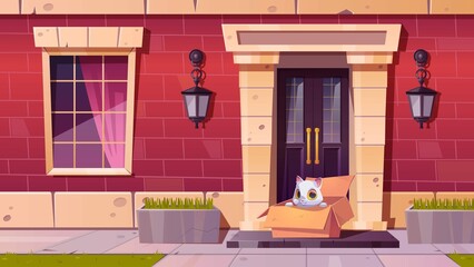 Homeless Cat Sitting Cardboard Box House Porch Sunny Weather Vector Cartoon Illustration Cute Fluffy