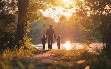 Man and his two children are walking along path in park near lake. Scene is peaceful and serene, with sun shining brightly overhead. Family is enjoying leisurely walk together - Powered by Adobe