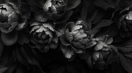 black and white illustration of large peonies. a banner with peonies.