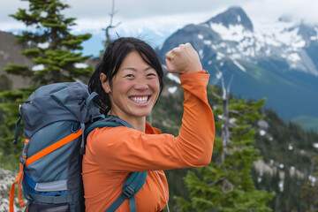 Joyful Asian Woman Celebrating on Mountain Hike