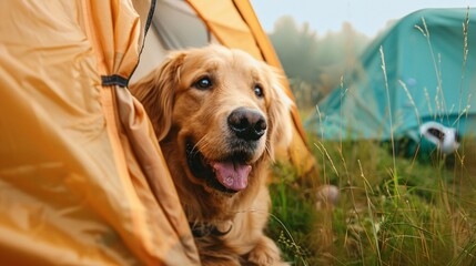 Happy golden retriever dog enjoy camping time, looking out and smiling from a yellow tent on camping area, outdoor, copy space, in countryside rural landscape.