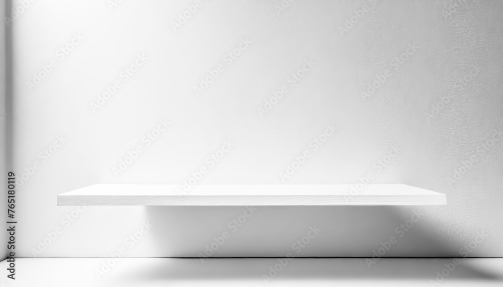 Aufkleber a white shelf with a white wall behind it. the shelf is made of wood with free space as a podium for