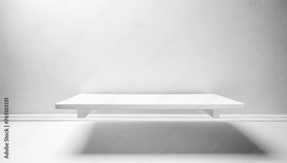 Poster a white shelf with a white wall behind it. the shelf is made of wood with free space as a podium for