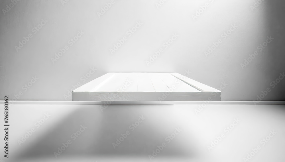 Poster a white shelf with a white wall behind it. the shelf is made of wood with free space as a podium for
