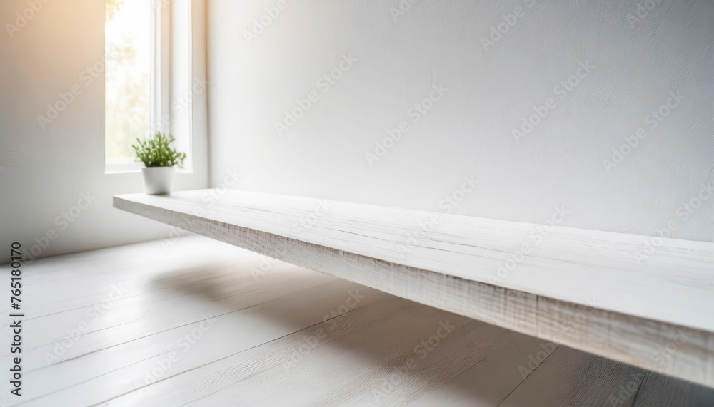 Poster a white shelf with a white wall behind it. the shelf is made of wood with free space as a podium for