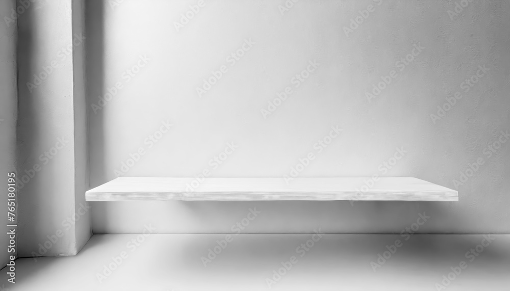 Aufkleber a white shelf with a white wall behind it. the shelf is made of wood with free space as a podium for
