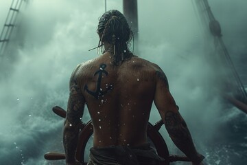 Pirate with tattoos at the helm of a ship in a storm