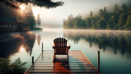 Misty Lakeside Morning with Serene Wooden Chair - obrazy, fototapety, plakaty