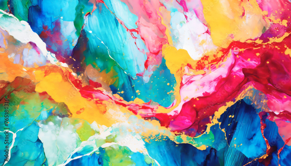 Poster A colorful painting with a blue and yellow line. The painting is abstract and has a lot of gold and red colors& Abstract Colorful acril Background