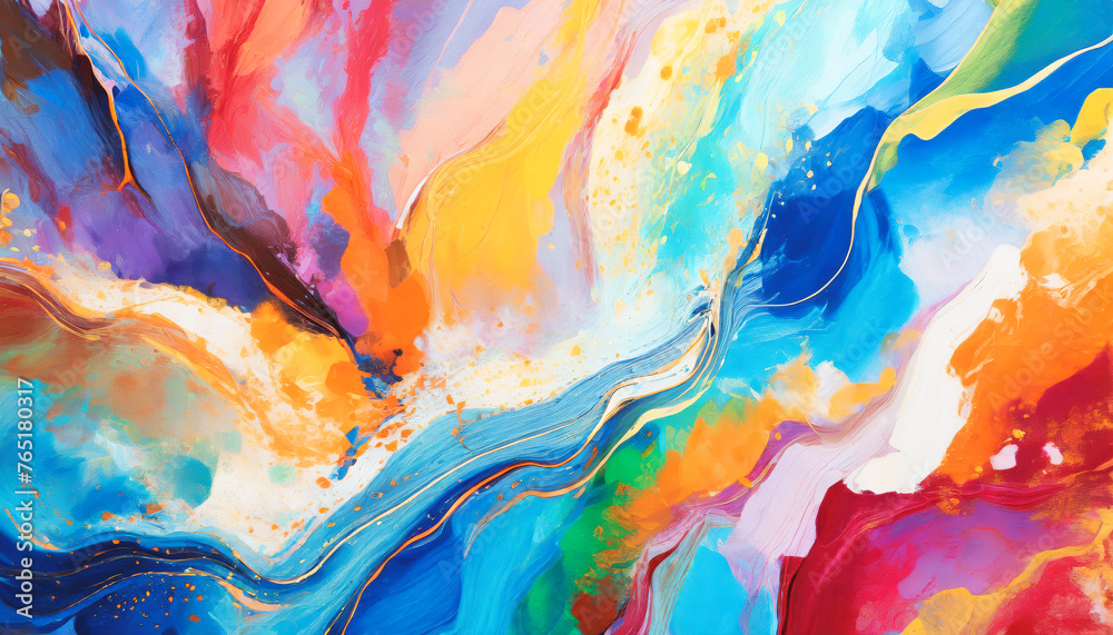 Poster a colorful painting with a blue and yellow line. the painting is abstract and has a lot of gold and 