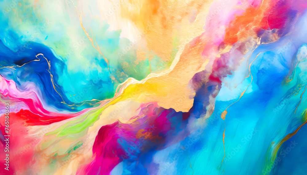 Poster A colorful painting with a blue and yellow line. The painting is abstract and has a lot of gold and red colors& Abstract Colorful acril Background