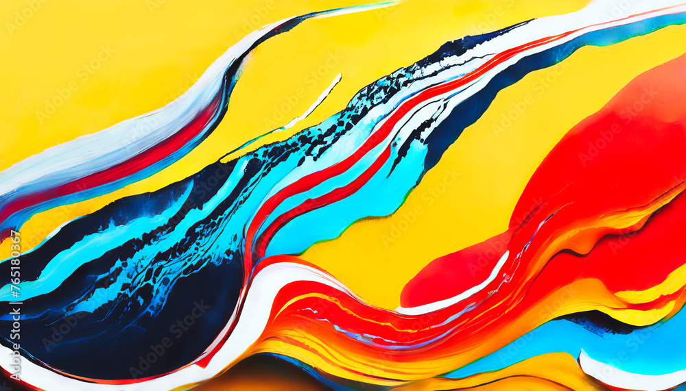 Poster A colorful painting with a blue and yellow line. The painting is abstract and has a lot of gold and red colors& Abstract Colorful acril Background