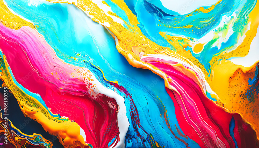 Poster A colorful painting with a blue and yellow line. The painting is abstract and has a lot of gold and red colors& Abstract Colorful acril Background