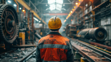 A worker in dirty overalls and a hard hat stands observing machinery in an industrial factory.