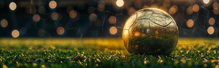 a portrait of a golden soccerball rolling over green grass - obrazy, fototapety, plakaty