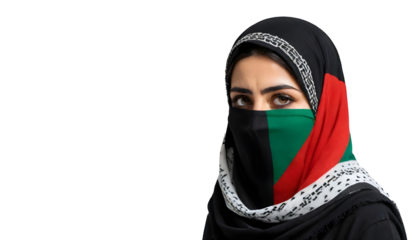 PNG Palestinian woman, Hijab, Flag of Palestine image. Free for use. Palestine woman with Palestine flag fighting for freedom, Woman wearing Palestine flag shawl