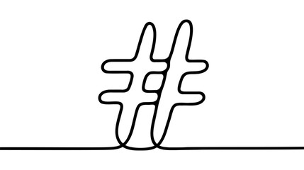 Hashtag symbol. One line continuous Hashtag. Line art, outline, single line silhouette. Hand drawn vector illustration.