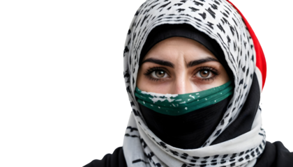 PNG Palestinian woman, Hijab, Flag of Palestine image. Free for use. Palestine woman with Palestine flag fighting for freedom, Woman wearing Palestine flag shawl