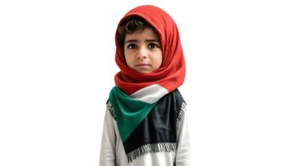 PNG Palestinian Boy, Hijab, Flag of Palestine image. Free for use. Palestine Boy with Palestine flag fighting for freedom, Boy wearing Palestine flag shawl