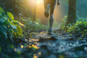 An invigorating trail run at dawn, where the runner's form is captured in perfect symmetry against the soft light of the rising sun.
