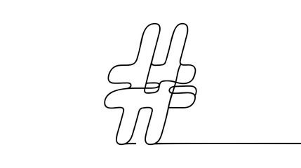 Hashtag symbol. One line continuous Hashtag. Line art, outline, single line silhouette. Hand drawn vector illustration.